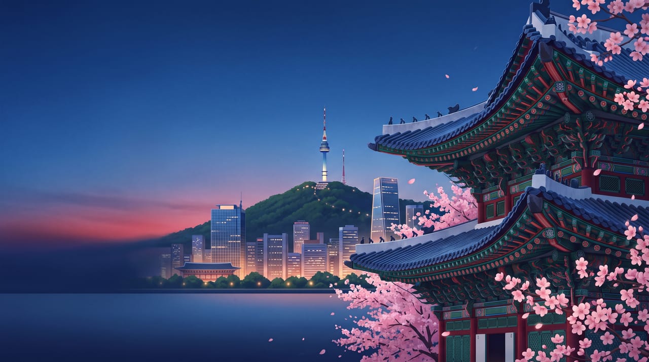 插图：黄昏时分的景福宫、樱花与 N 首尔塔，韩国